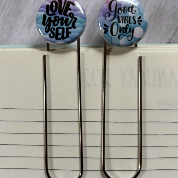 Love Yourself & Good Vibes Only Jumbo Planner Clips - Motivational Bookmark Set - Picture 4 of 4